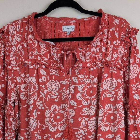 Wonderly Orange and White Ruffled Tie Front Cotton Blouse Top Size XL NWT - Picture 7 of 16